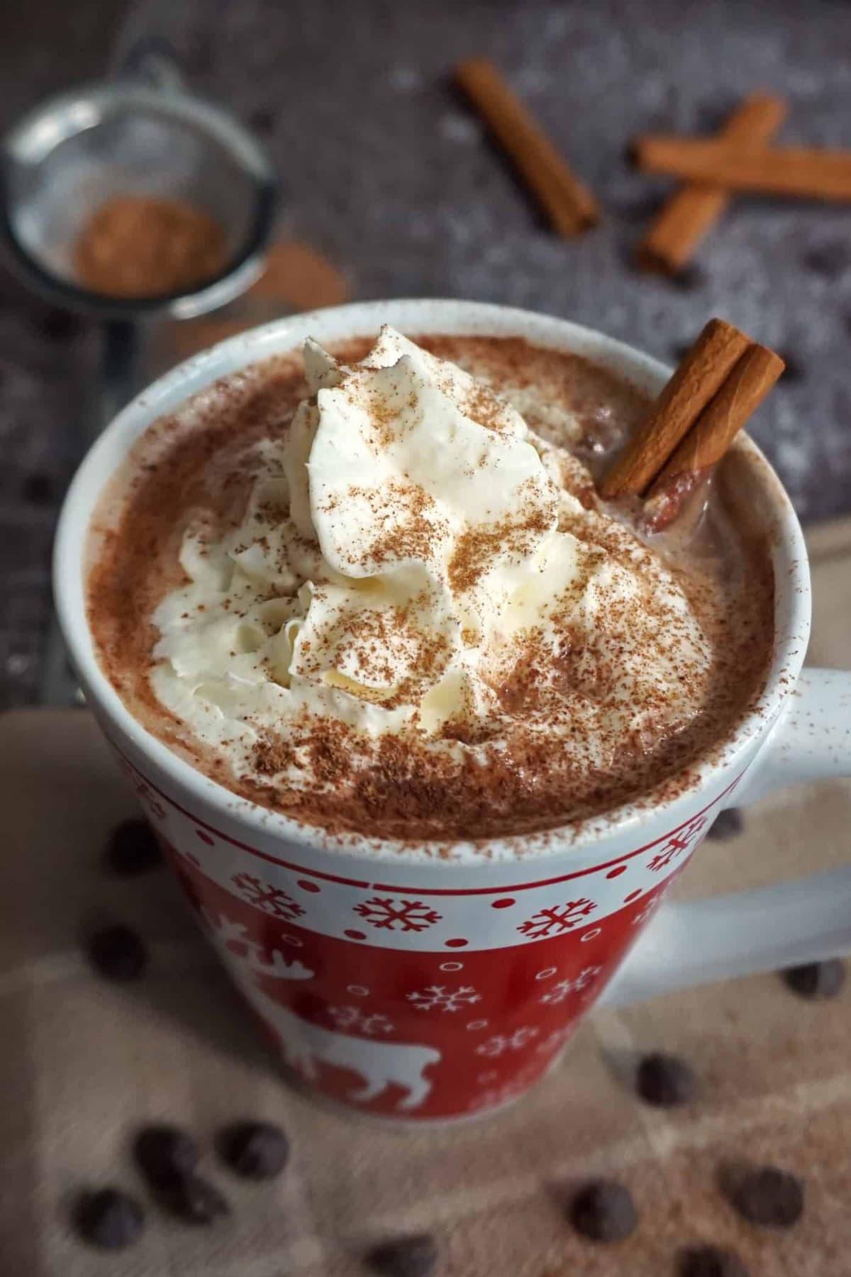 Keto hot chocolate in a holiday mug