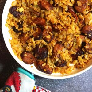 Portuguese Sausage and Rice in the pan