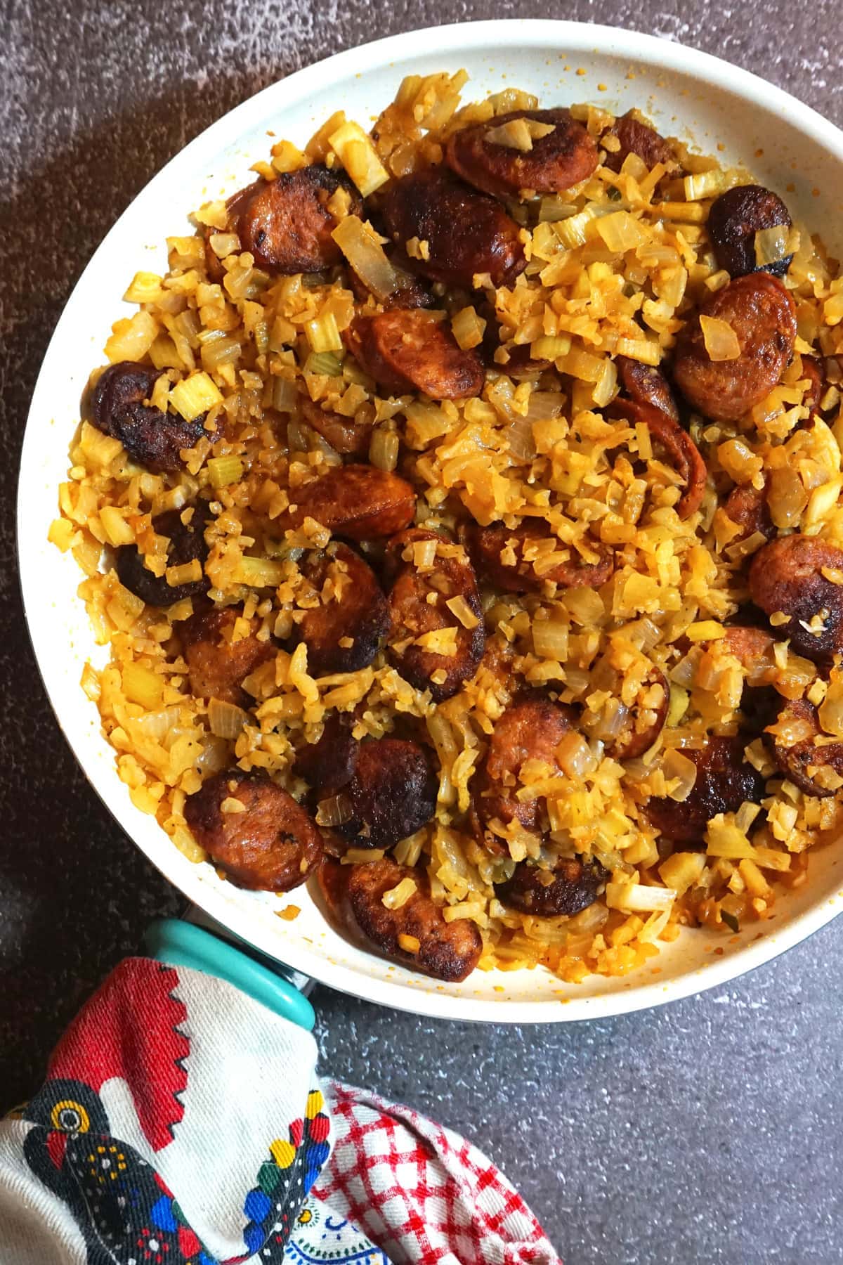 Portuguese Sausage and Rice in the pan