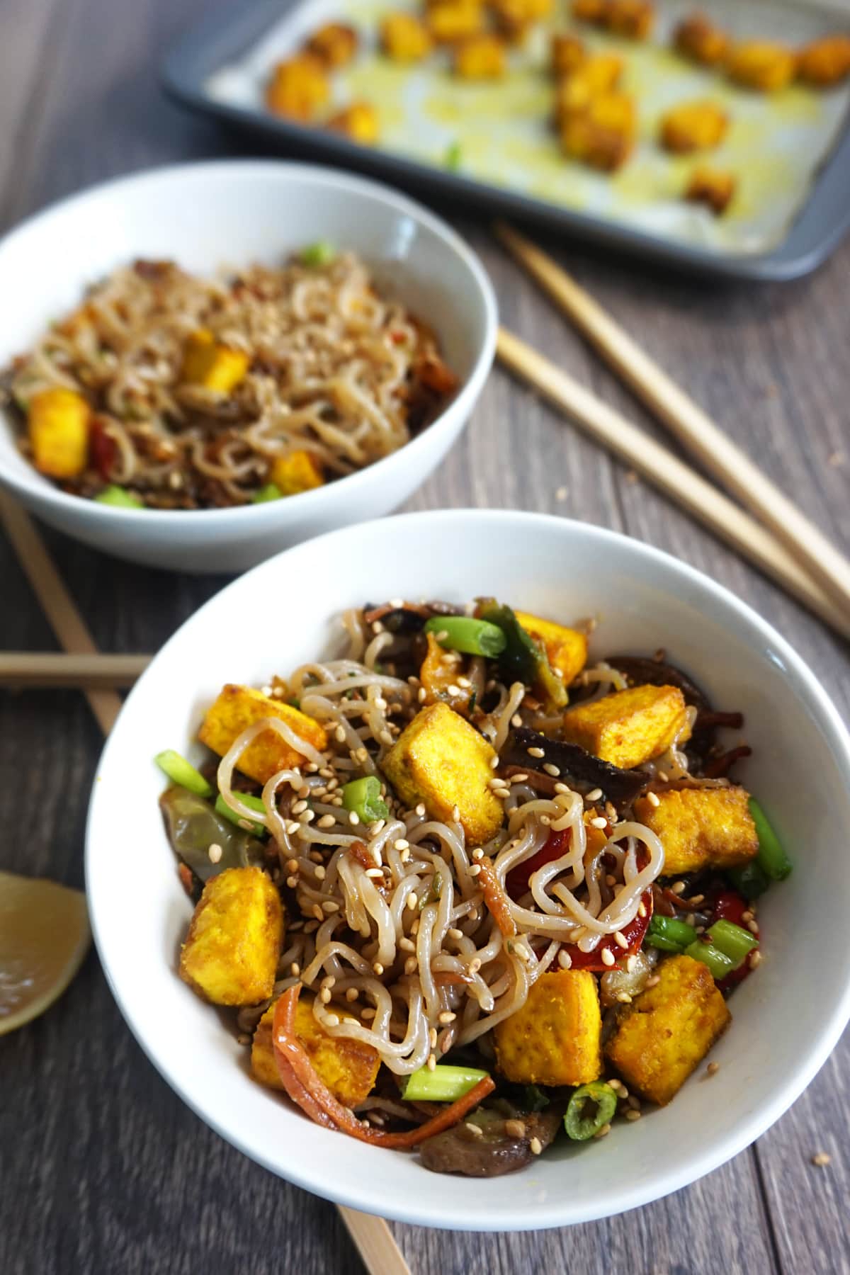 A bowl of Vegan Noodle Stirfry with Turmeric Tofu