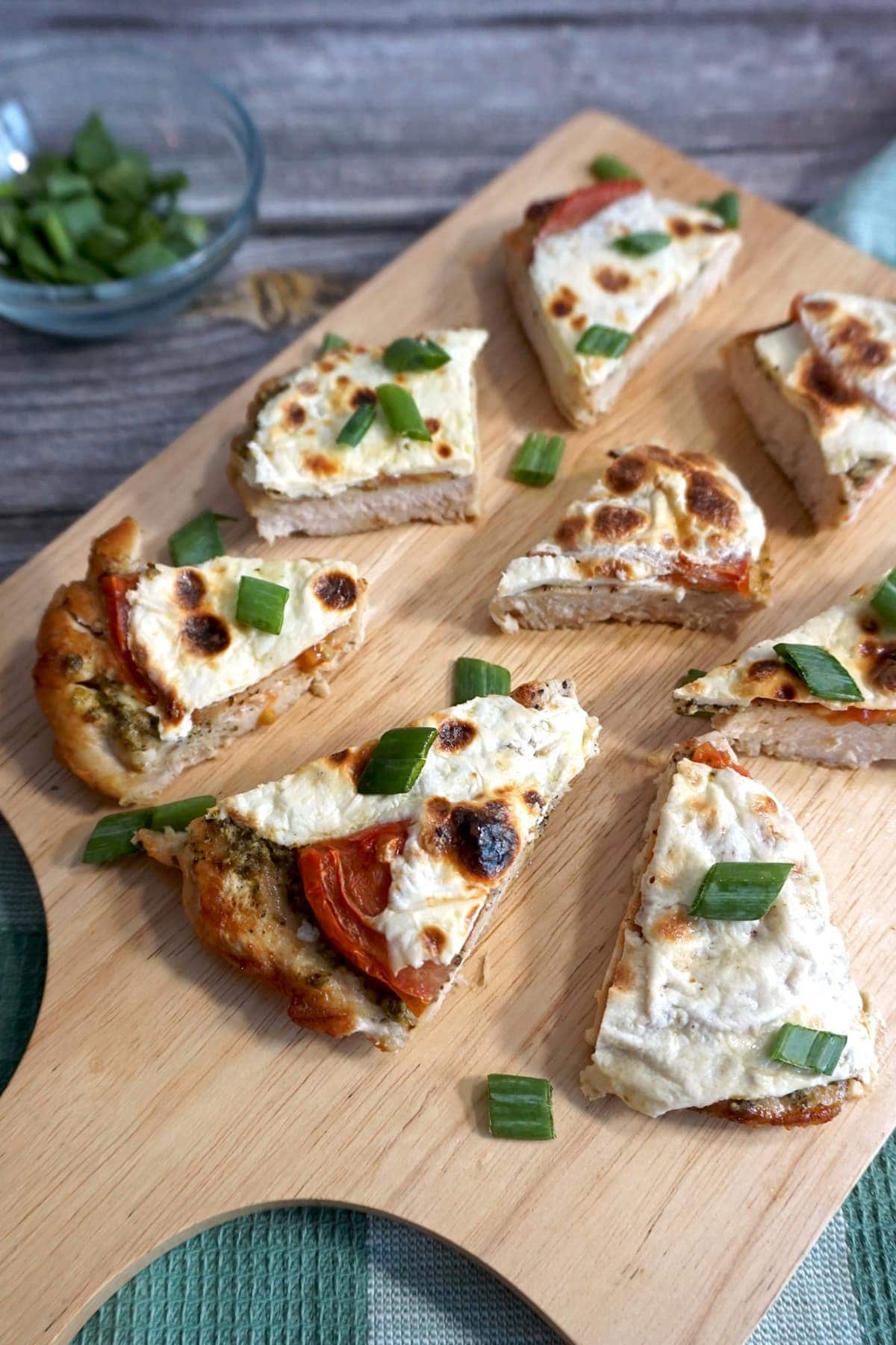 Keto Chicken Pesto Pizza cut into slices