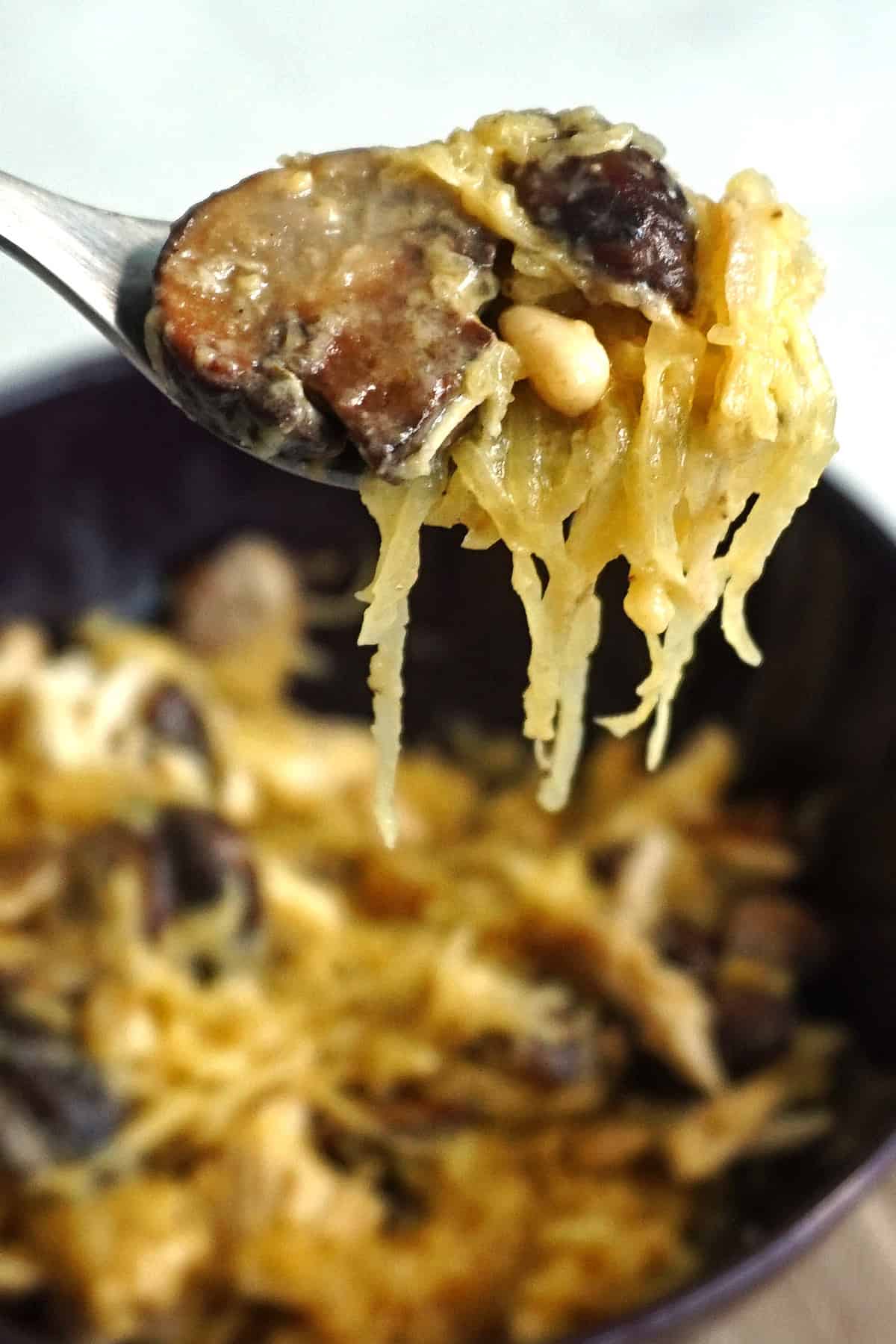 Spaghetti Squash with Mushroom Alfredo on a plate