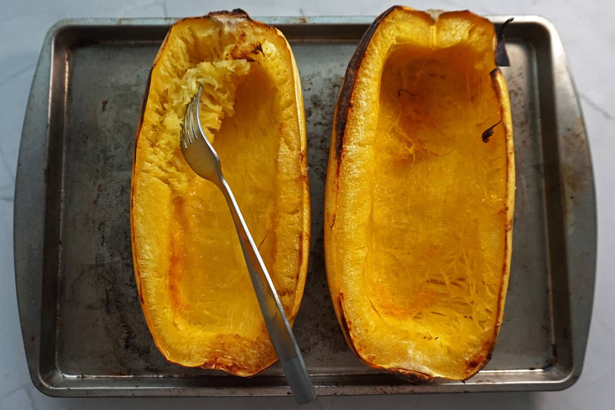 Roasted spaghetti squash out of the oven