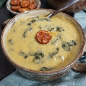 Closeup view of a bowl of caldo verde soup