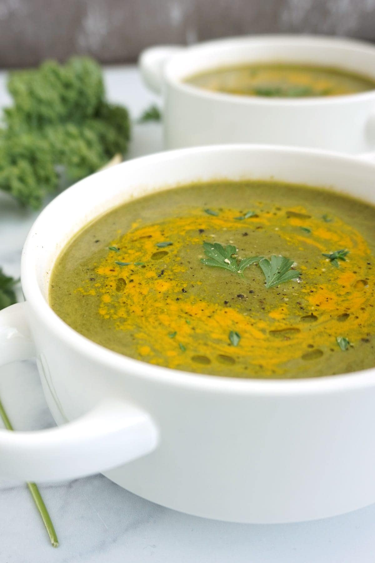 Closeup view of a bowl of soup