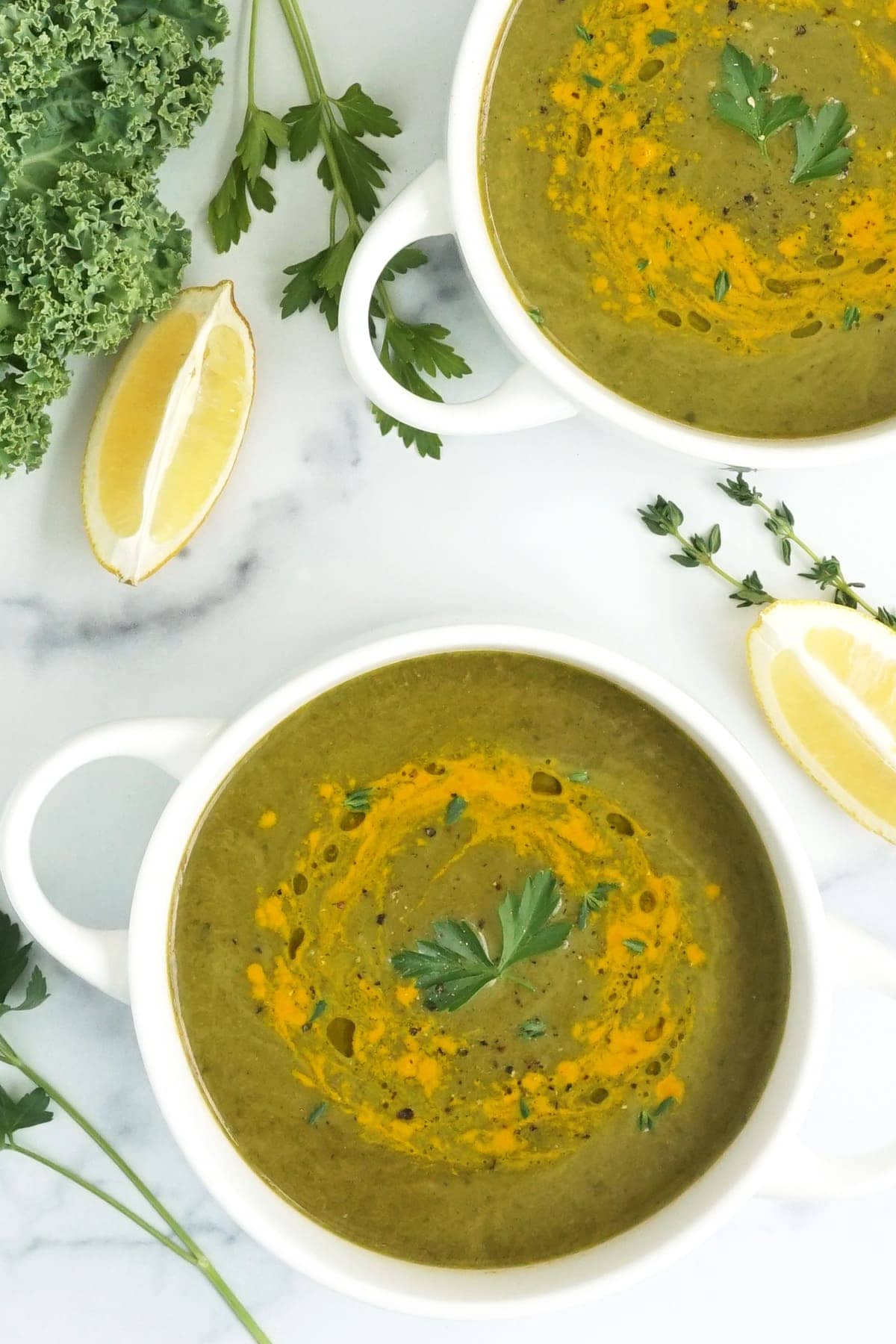 Green Detox Kale Soup on the counter
