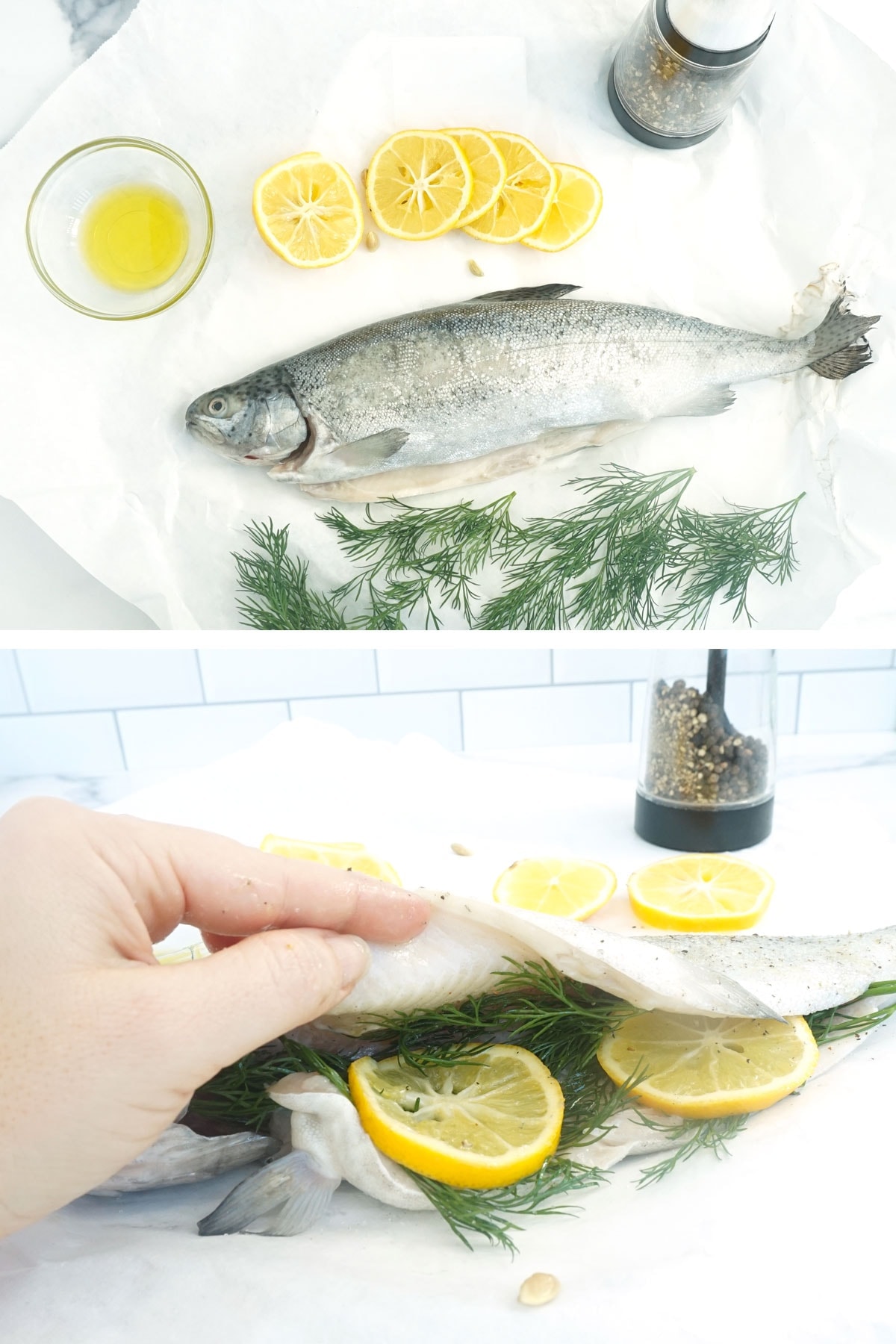 Stuff the raw fish with lemon and dill