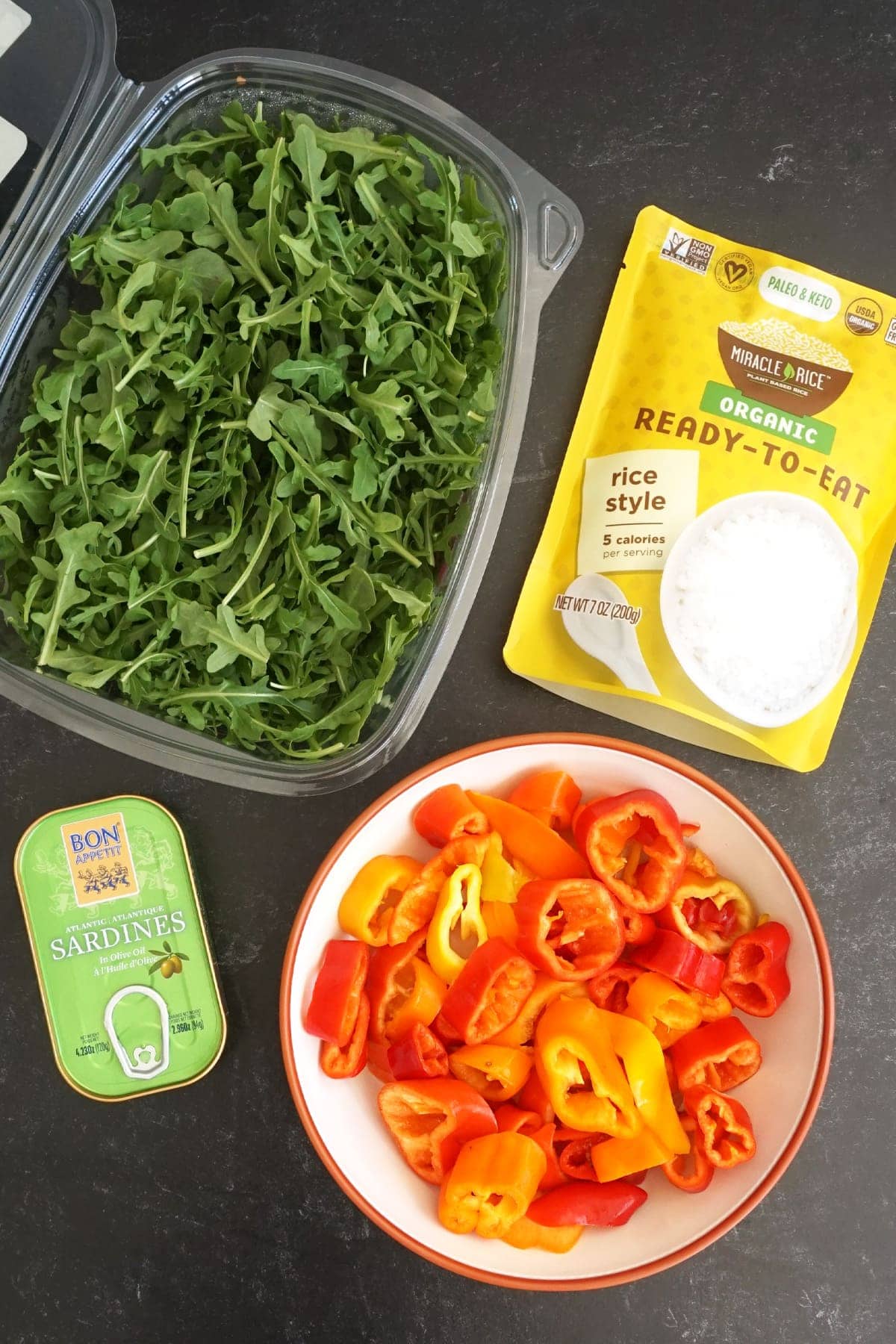 Ingredients: Arugula, Miracle Rice, Bell Peppers and a Can of Sardines