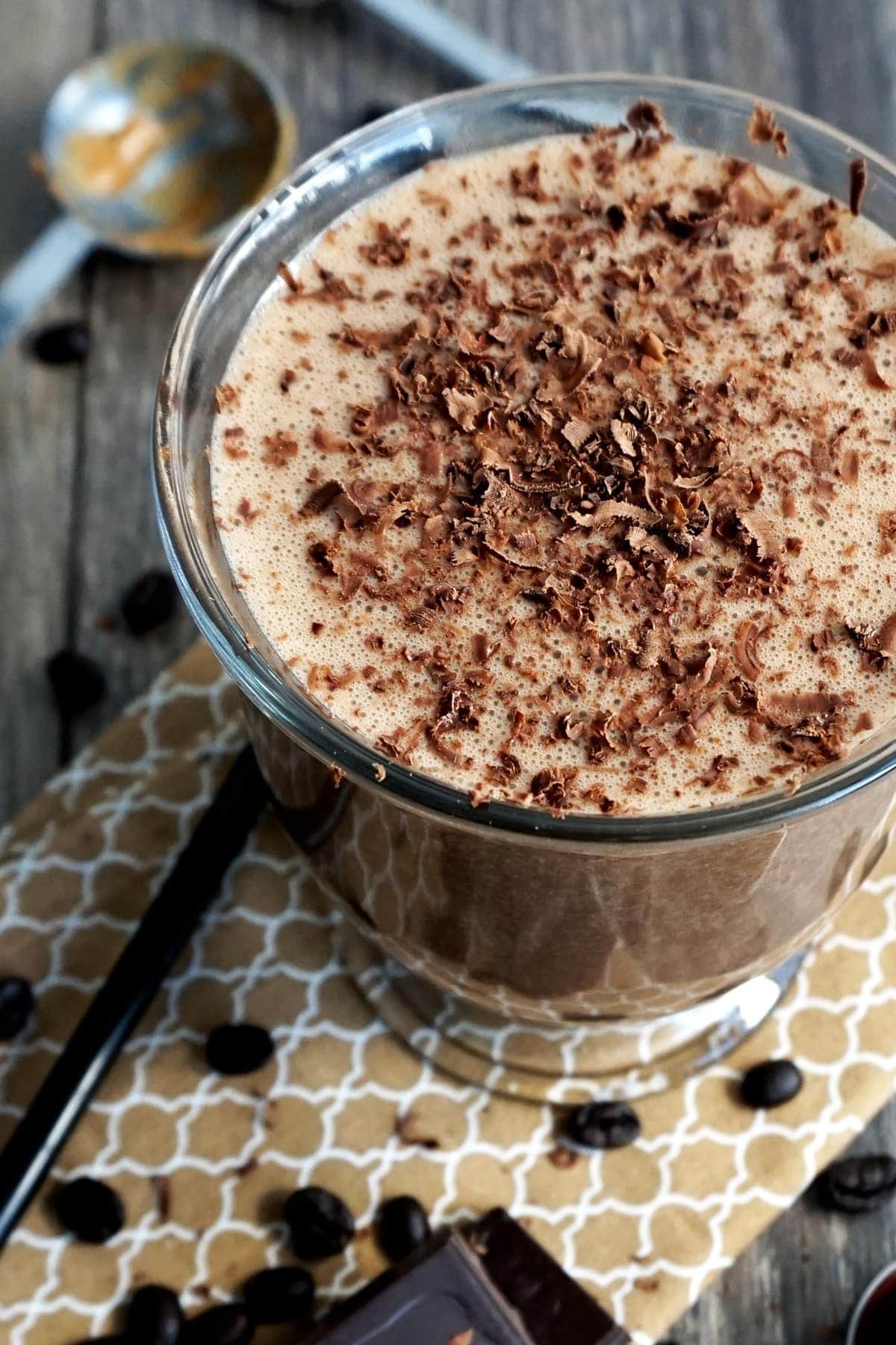 Keto Chocolate Coffee Smoothie with shaved chocolate on top