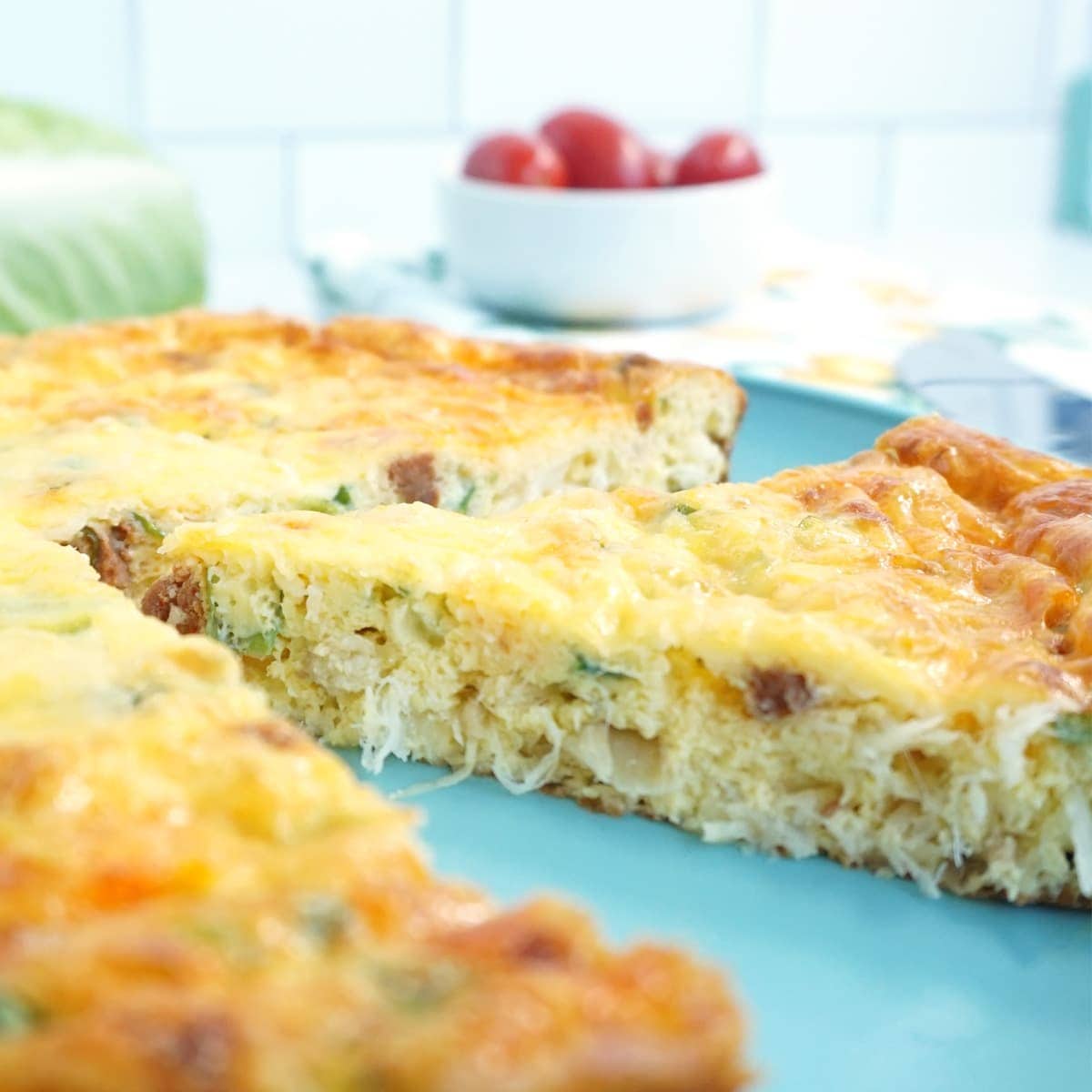Close-up of a slice of quiche