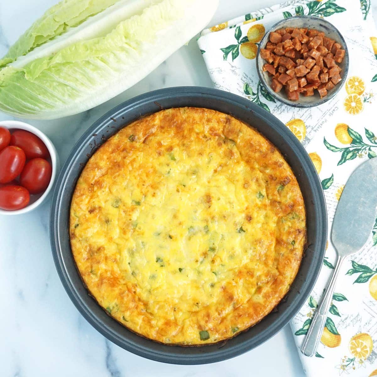 Cooked quiche in a pan